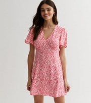 New Look Pink Floral V Neck Puff Sleeve Mini Dress